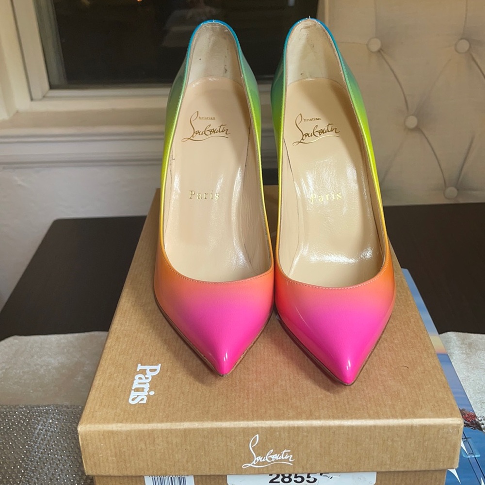 Brand new Pigalle follies 100 patent Sunrise multi color heels!